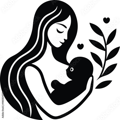 Minimalist black silhouette illustration of a mother holding her child with tenderness and love