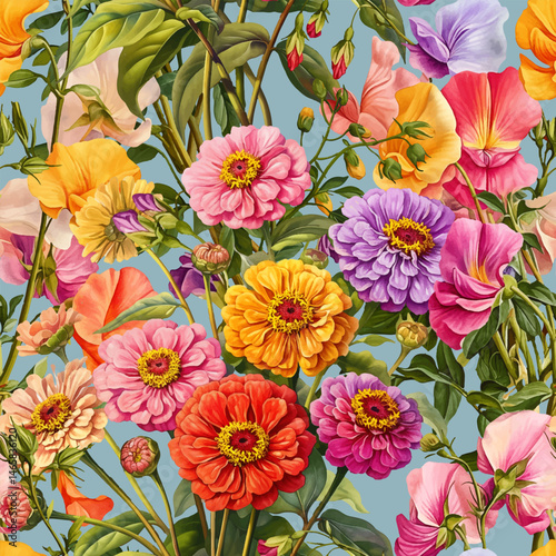 Seamless vector pattern with colorful sweet pea and zinnia flowers isolated on a changeable background. Vintage painting style illustration.