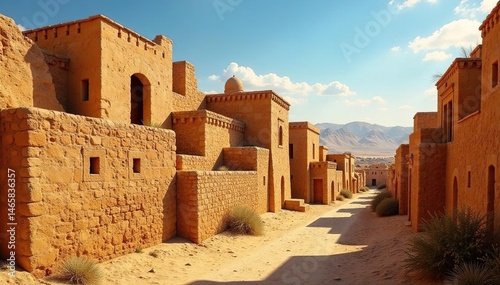 Sun-baked clay buildings, intricate details, ancient city walls, fortress, texture, yemen