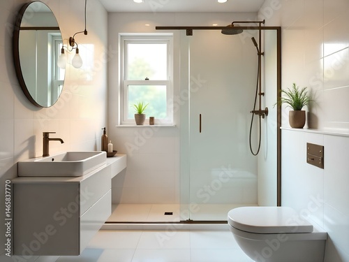 A tidy bathroom with a shower and toilet, highlighting a fresh and organized space for personal hygiene