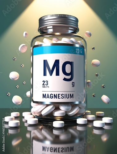 Magnesium supplement bottle with floating white tablets and clear label, detailed 3D render showing healthcare product under dramatic lighting, ideal for medical visuals

