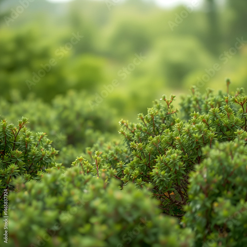Dense thicket of bushes and shrubs blurred into a soft green background , dense thicket, atmospheric perspective, blurred effect. Thicket. Illustration