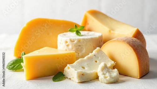 Assortment of Italian cheeses on white backdrop, background, gorgonzola, tangy