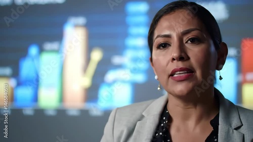 Woman Explaining Financial Data in Presentation Against Illuminated Background Business Graph Wearing Gray Blazer and Polka Dot Top Professional Presentation