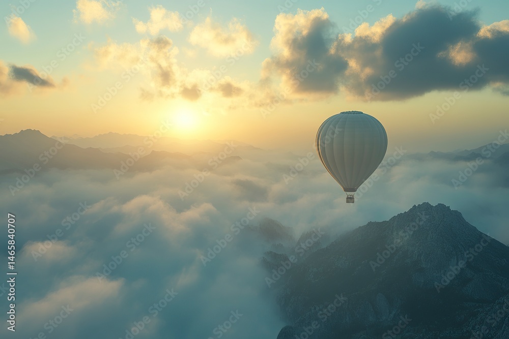 Fototapeta premium Hot air balloon flying over the foggy mountains at sunrise, a beautiful landscape with sky clouds and a mountain range in the background. Travel concept. 