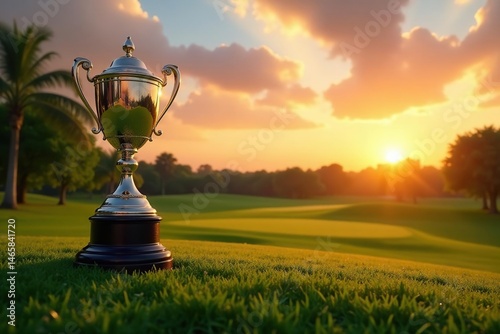 Elevated view of trophy on lush golf course, sunset, competition, landscape