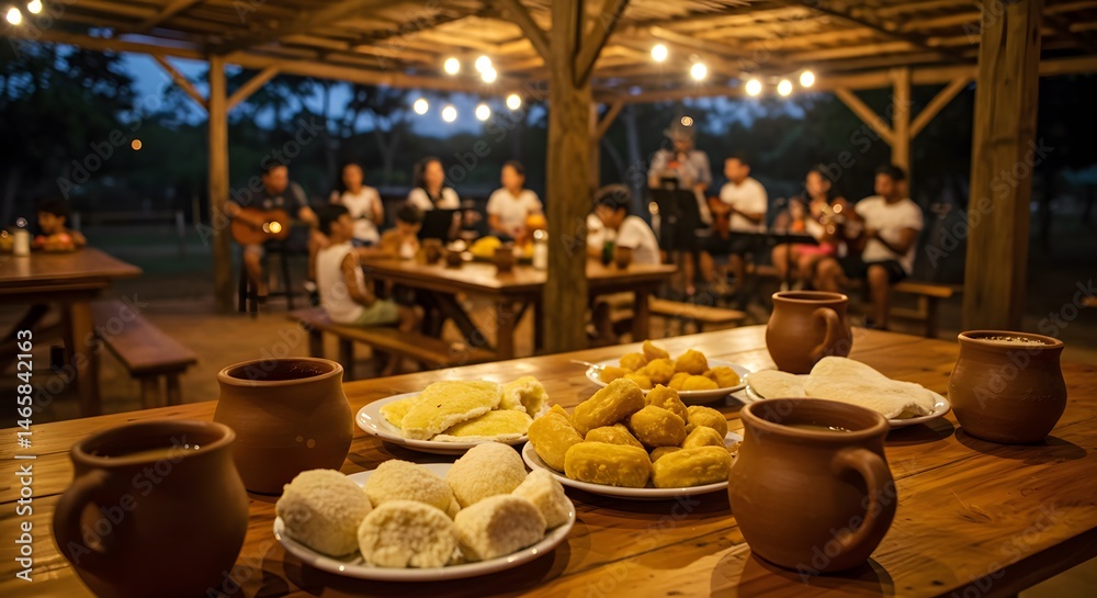 Fototapeta premium Scene with June festival dishes on a communal table in a rural village