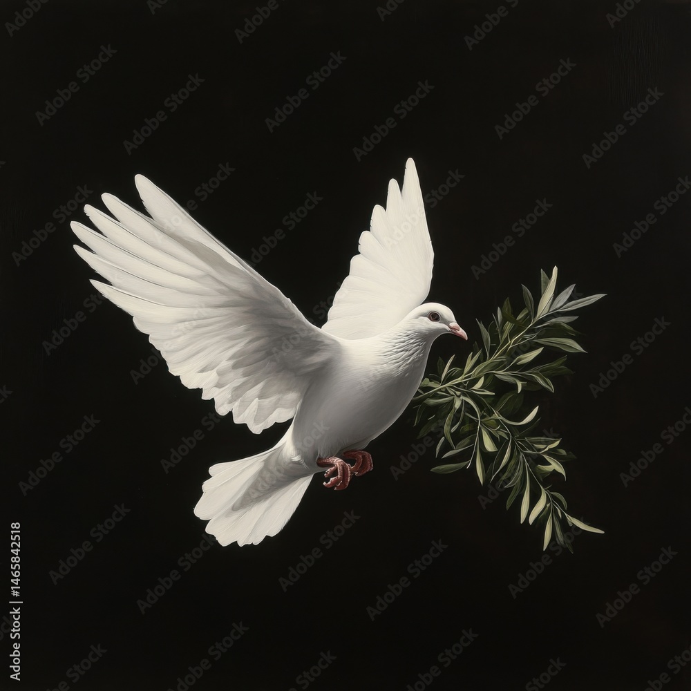 Fototapeta premium White Dove Flying with Olive Branch on Dark Background
