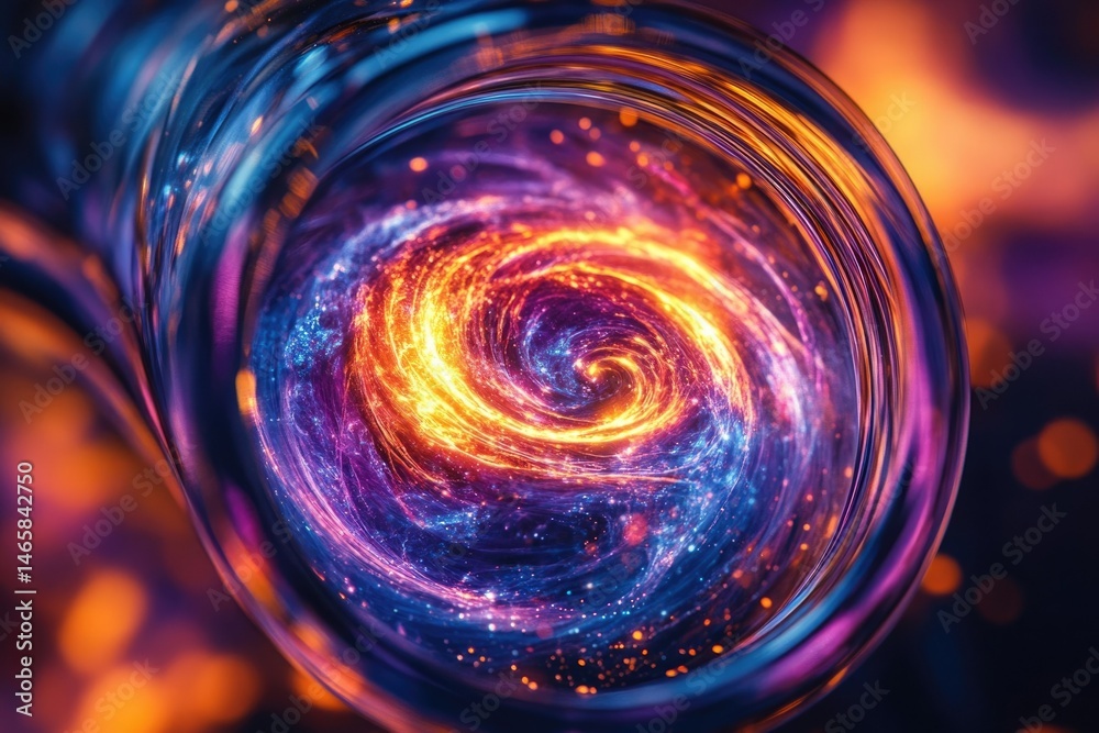 A vibrant, swirling nebula captured within a glass, resembling a cosmic vortex of fiery orange and electric blue. A vibrant, swirling nebula captured within a glass, resembling a cosmic vortex of fiery orange and electric blue.