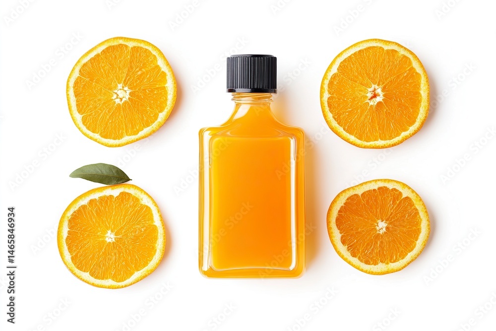 Orange juice in a square plastic bottle with a black cap, on a white background, top view. Orange juice in a square plastic bottle with a black cap, on a white background, top view.