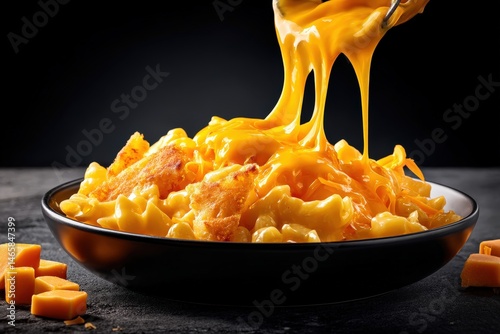 Mac and cheese in a steaming bowl with golden cheese drips and glossy texture 