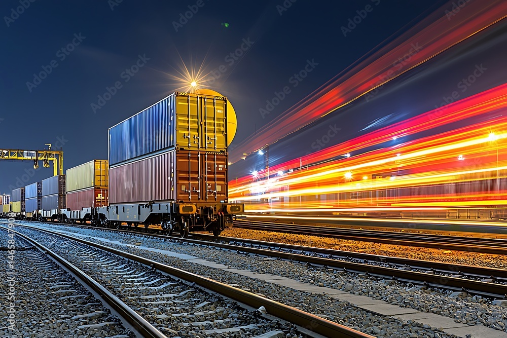 Obraz premium Freight Train at Night, Dynamic Light Trails
