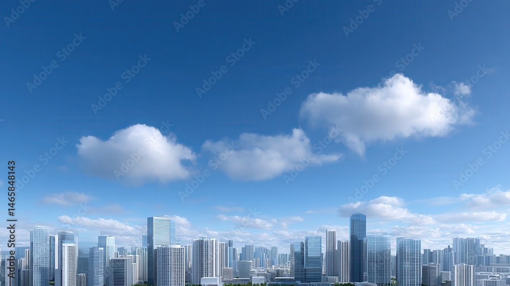 Obraz premium beautiful and clean modern city, tall skyscrapers, clear blue sky, natural white clouds, sunny day, bright lighting, clear details, high-resolution, real-world photography style.