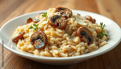 Creamy Mushroom Orzo Risotto with Parmesan and Herbs on Rustic Wooden Table