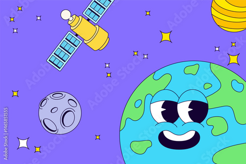 Smiling Earth in outer space, surrounded by stars, the moon, a satellite, and a partial view of the sun cartoon hand drawn vector illustration for educational, science, and space exploration