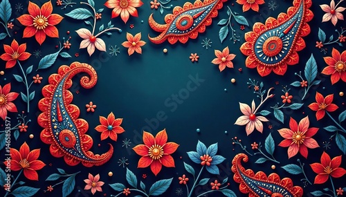 Intricate paisley floral pattern, rich jewel tones, design element, bright