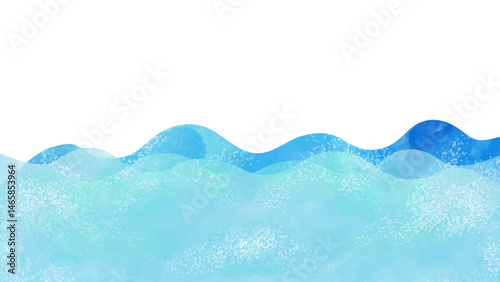 さわやかブルーの海の水彩イラスト背景　波　ベクターイラスト　白背景　コピースペース　青　テクスチャー　ポスター　広告　テンプレート