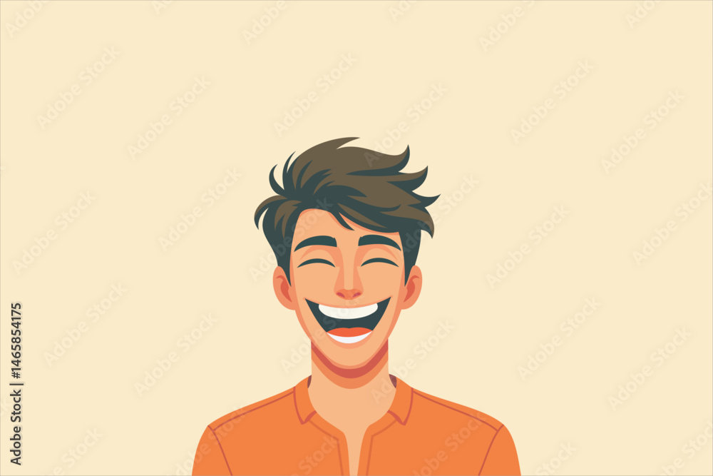 Smiling young man with dark hair in an orange shirt, laughing joyfully. Flat vector illustration with cheerful expression on light background, perfect for concepts of happiness, youth, positivity. Smiling young man with dark hair in an orange shirt, laughing joyfully. Flat vector illustration with cheerful expression on light background, perfect for concepts of happiness, youth, positivity.