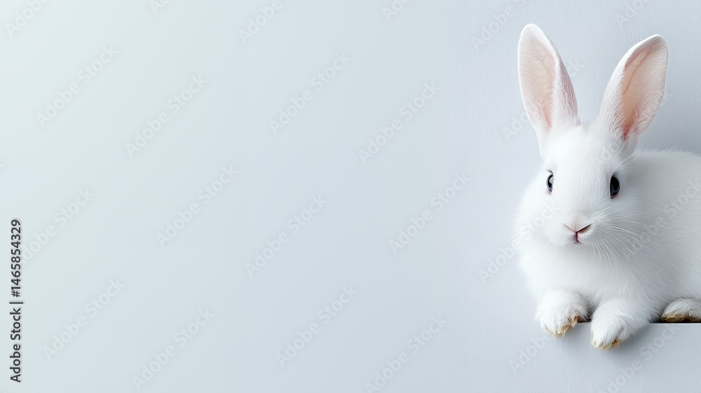 Fototapeta premium White Rabbit with Long Ears on a Light Background