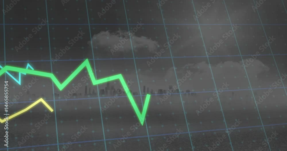 Neon green zigzag line running across light blue grid overlay, mist-shrouding skyline reflecting