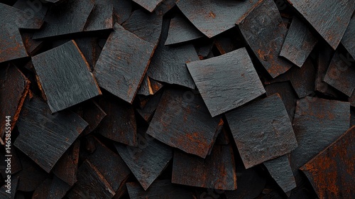 Stacked dark slate tiles with rough textures form an abstract geometric pattern.