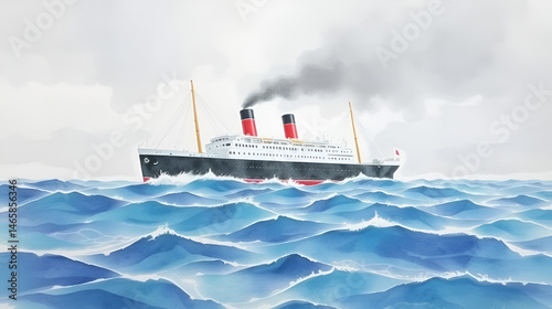 A watercolor painting of a large ocean liner in a rough sea.