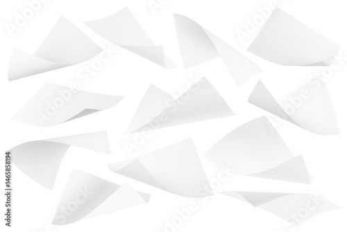 pile blank white paper flying, empty note leaf or leaflet in motion mockup, sheet falls and twists isolated on white with clipping path.