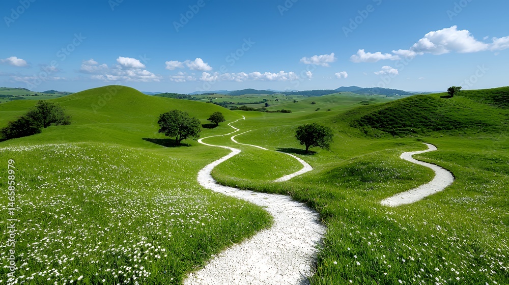 Naklejka premium Winding Path Through Green Rolling Hills Under a Blue Sky Landscape