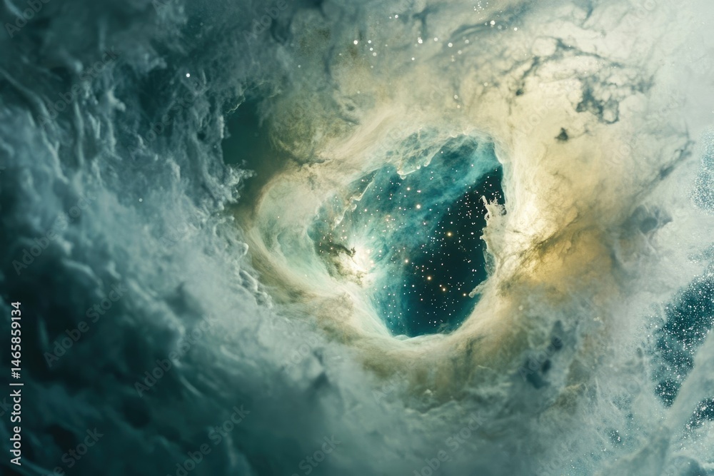Fototapeta premium A mesmerizing cosmic nebula, swirling teal and gold gases reveal a star-studded void within its ethereal embrace.