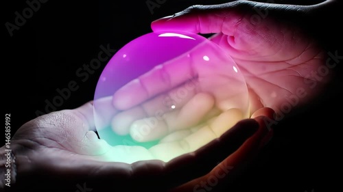 Glowing Orb Held In Open Hands Against Black Backdrop Showing Mystical And Spiritual Concepts Related to Fortune Telling and Future Prediction
