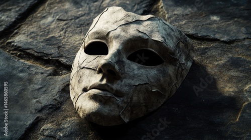 A used crumpled mask lying on a dark textured surface, conveying a sense of wear and real-world usage, with shadows enhancing the depth of the scene. photo