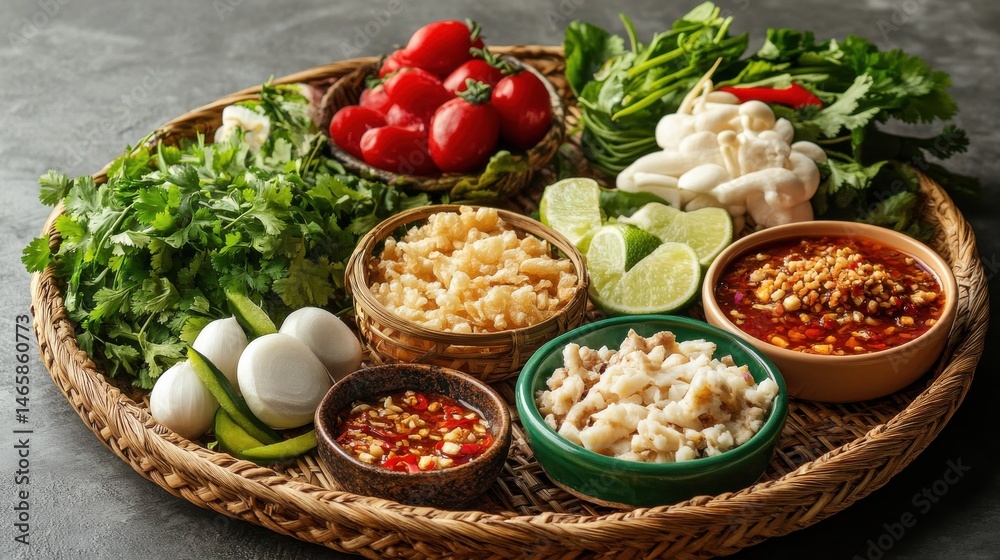 Fototapeta premium An assortment of arranged on a beautiful, handwoven tray, with a side of tangy dipping sauce and fresh herbs, set in an authentic Thai food market atmosphere.