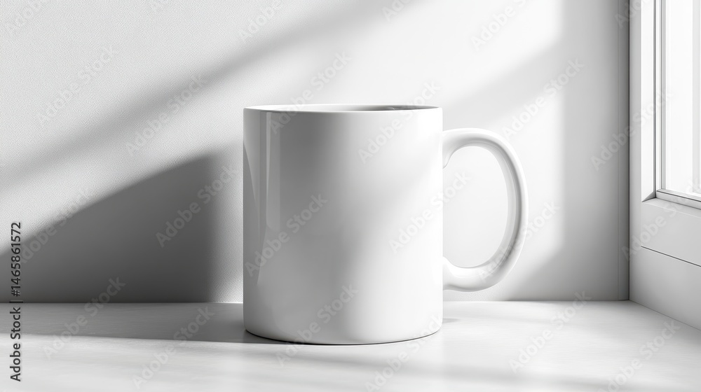 Obraz premium Empty white mug on a windowsill in soft light.
