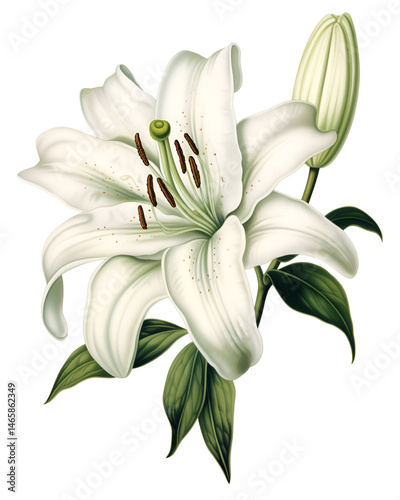Elegant white lily bloom illustration against stark darkness creating visual depth