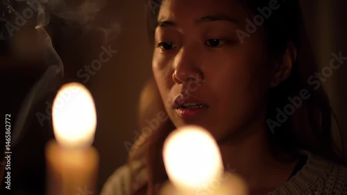 Pensive Young Woman with Candlelight in Dark Room Indoor Revealing Emotional Depth in Low Lighting Condition and Serene Warmth