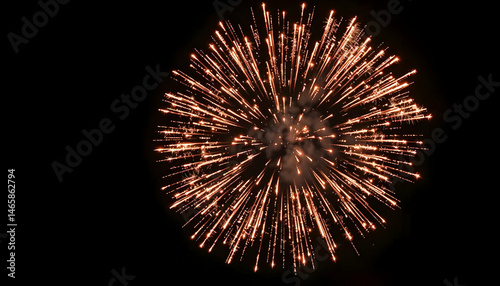 Single Golden Orange Firework Explosion Against A Dark Black Night Sky During Celebratory Event