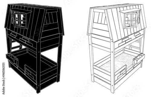 Children's Bunk Bed Vector. Illustration Of A Double-Decker Bed Which Looks Like A Tree House In A Child's Room Isolated On A White Background.
