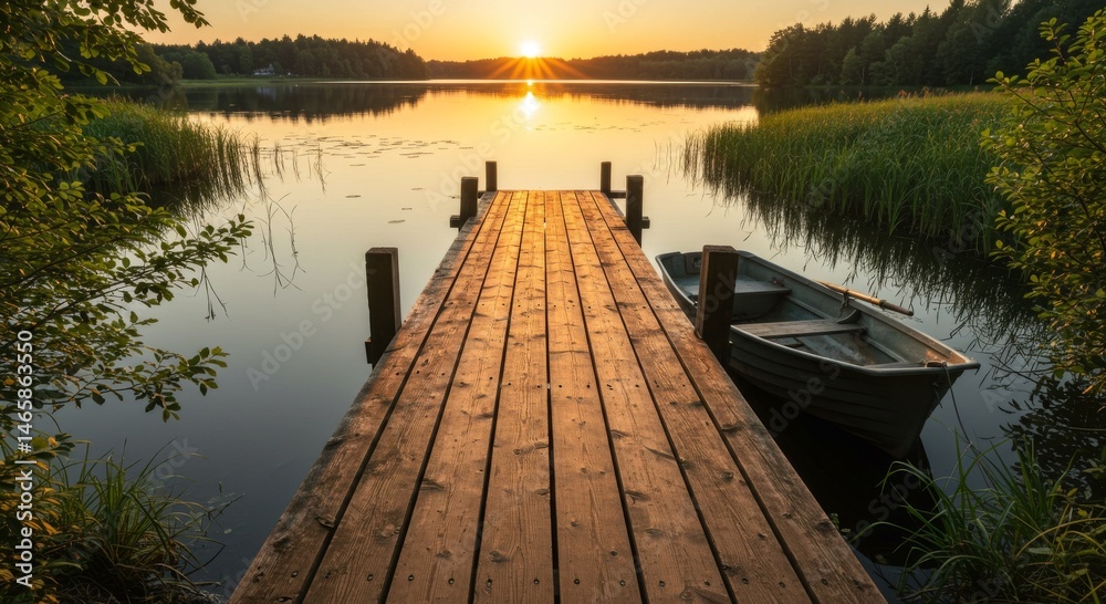 Fototapeta premium Sunset Over Calm Lake with Wooden Dock and Small Boat