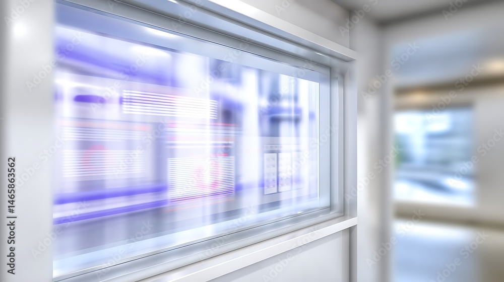 Fototapeta premium Blurred Cityscape View Through Modern Window in Contemporary Space