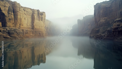 eerie reflection of towering sandstone cliffs shrouded in mystical fog across tranquil waterscape