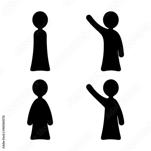 Simple Black Silhouettes of People Standing and Raising a Hand Simple Person Icons
