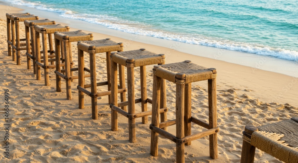 Fototapeta premium Wooden Barstools on Sandy Beach Near Ocean