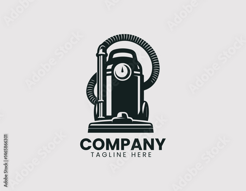 Canister Vacuum Cleaner with Hose and Head Vector Logo Design, Cylinder Vacuum Cleaner Hose Head Appliance Vector Logo