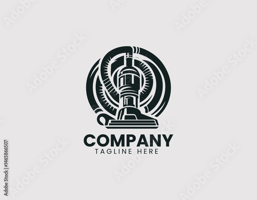 Canister Vacuum Cleaner with Hose and Head Vector Logo Design, Cylinder Vacuum Cleaner Hose Head Appliance Vector Logo