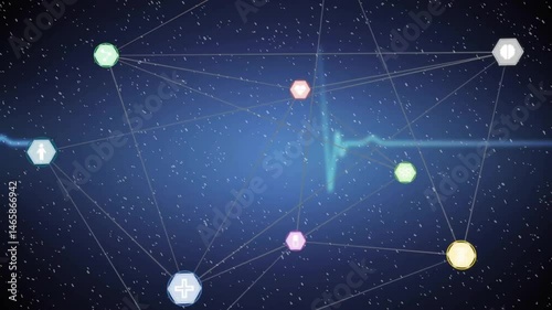 Flowing ECG waveform stretching across interface, linking colored hexagon icons in flat design
