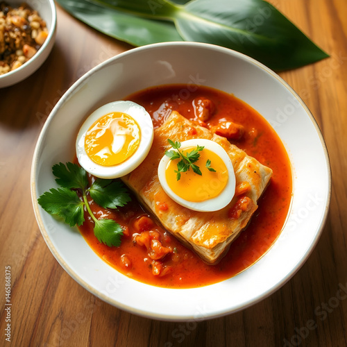 braised fish maw in red gravy topping boiled egg on bowl