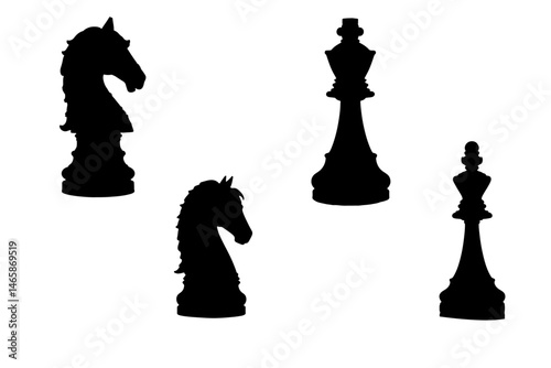 Black silhouette with chess. King, queen, pawn, horse and rook