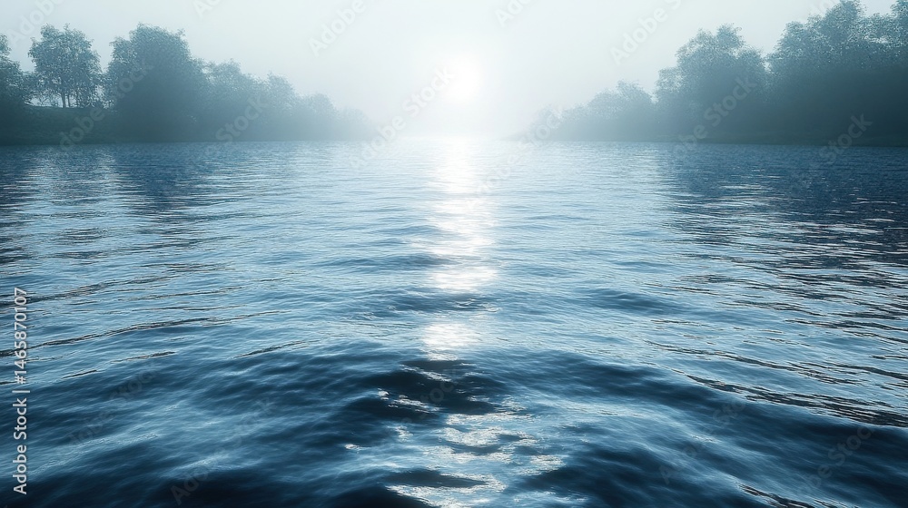Obraz premium Scenic Calm Lake Water With Trees And Distant Sun Under Hazy Sky