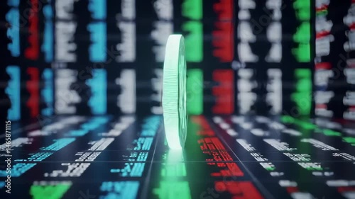 Green Bitcoin Coin Spinning on Data Background Representing Cryptocurrency Trading Finance Business Market Technology Investment with Electronic Currency Concept