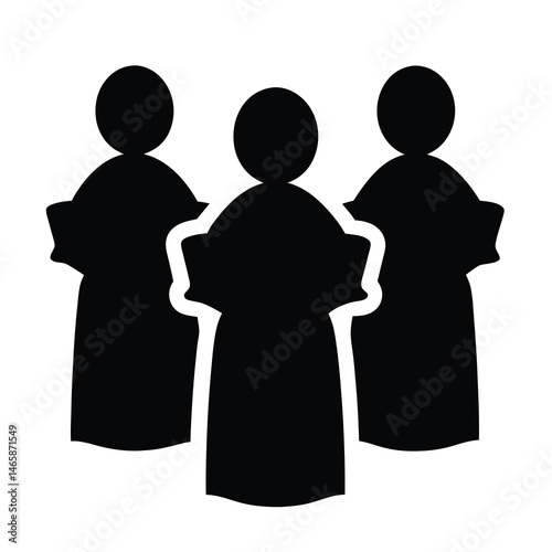 Three figures in choir robes holding books or hymnals in black and white